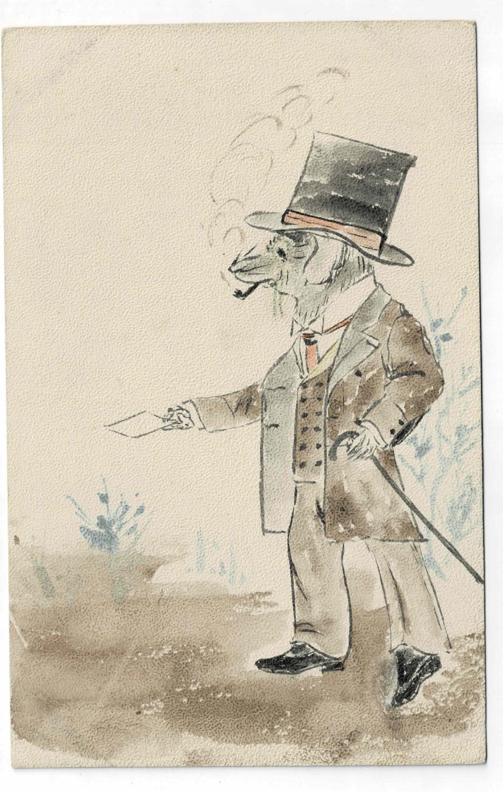 Antique c1900 Hand Painted Watercolor Postcard Anthropomorphic Rat Gentleman UPU - image 1