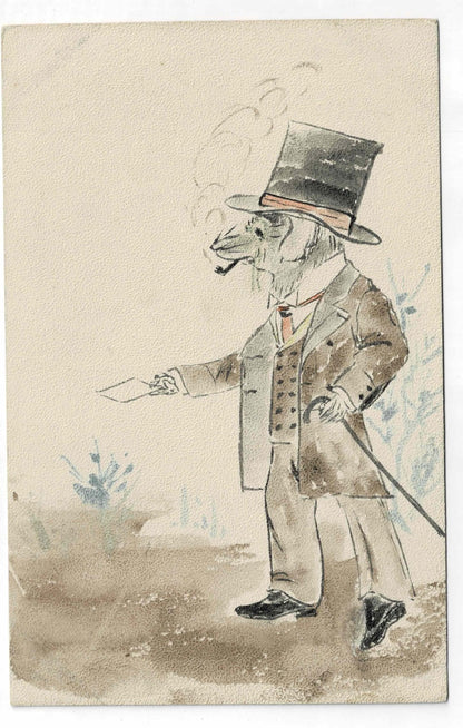 Antique c1900 Hand Painted Watercolor Postcard Anthropomorphic Rat Gentleman UPU - image 1