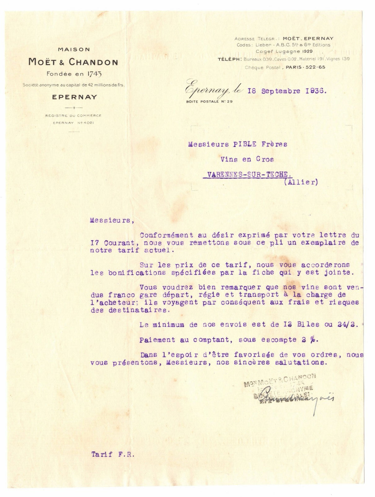 1936 Epernay Maison Moet et Chandon Paris France Letterhead Billhead Liquor Wine