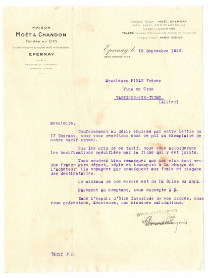 1936 Epernay Maison Moet et Chandon Paris France Letterhead Billhead Liquor Wine