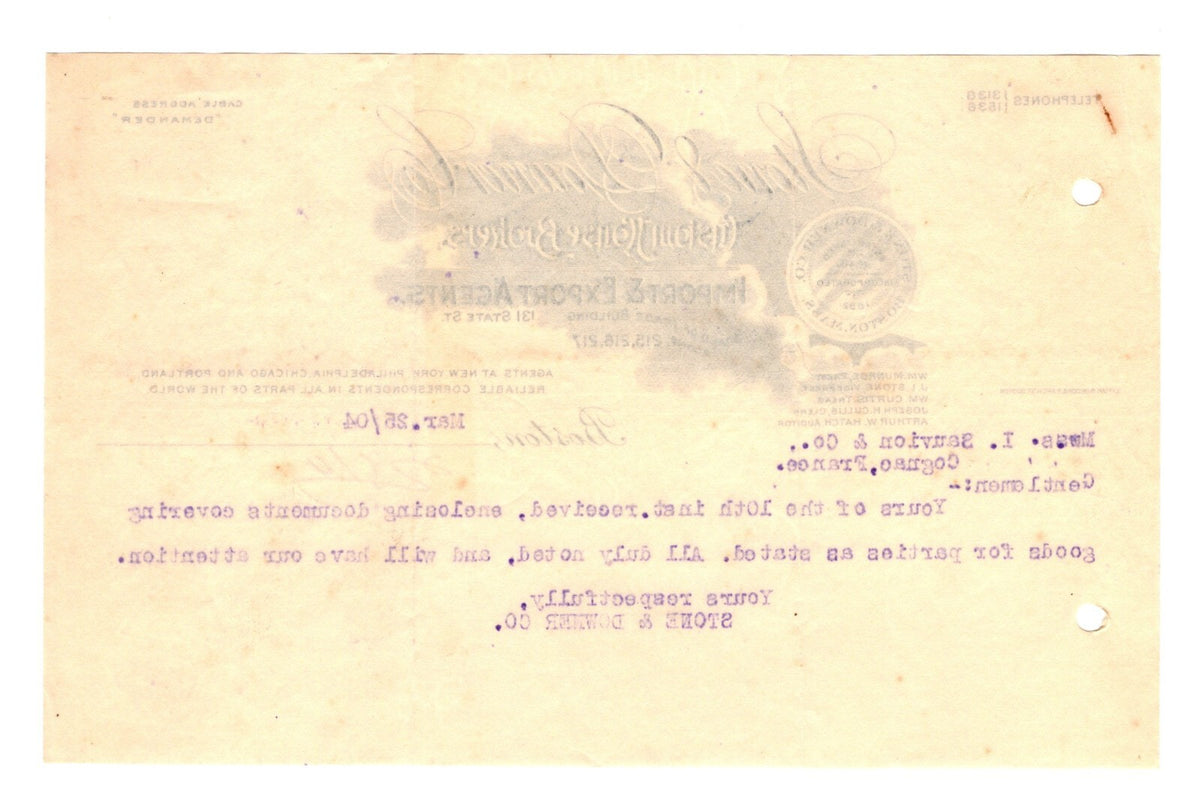 1904 Boston Letterhead Billhead Stone & Downer Co. Import Export Agents Company