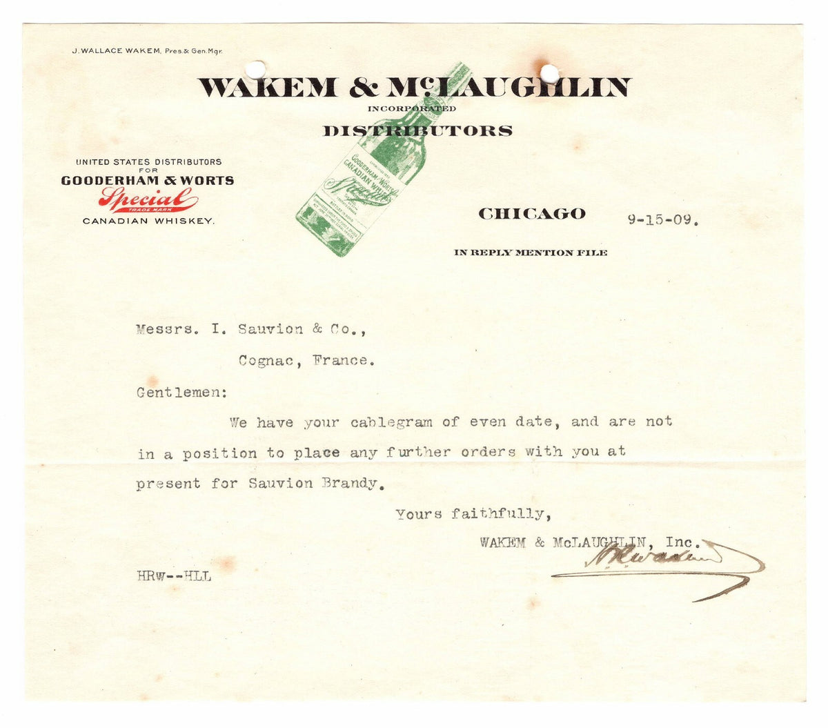 1909 Chicago Letterhead Billhead Wakem McLaughlin Distributors Canadian Whiskey
