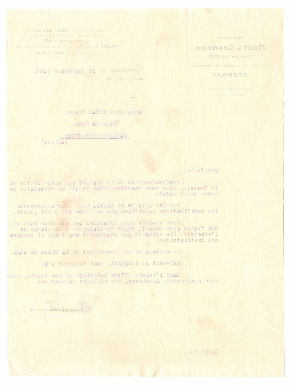 1936 Epernay Maison Moet et Chandon Paris France Letterhead Billhead Liquor Wine