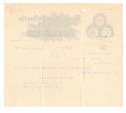 1908 Baltimore Letterhead Billhead Thos G Carroll & Son Co Rye Whiskies Whiskey