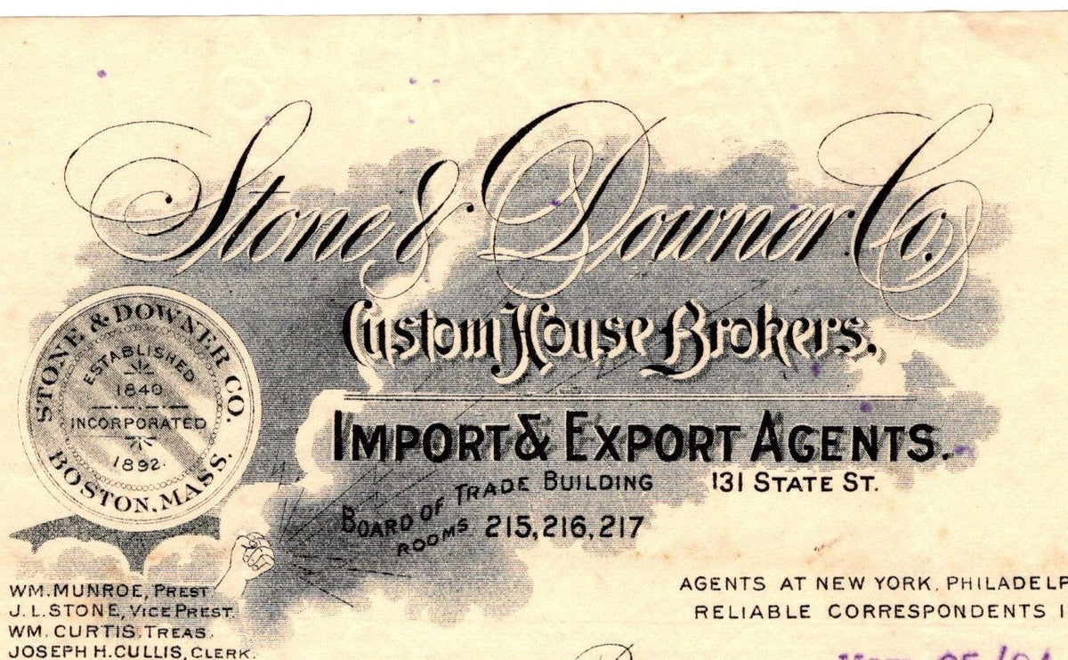 1904 Boston Letterhead Billhead Stone & Downer Co. Import Export Agents Company