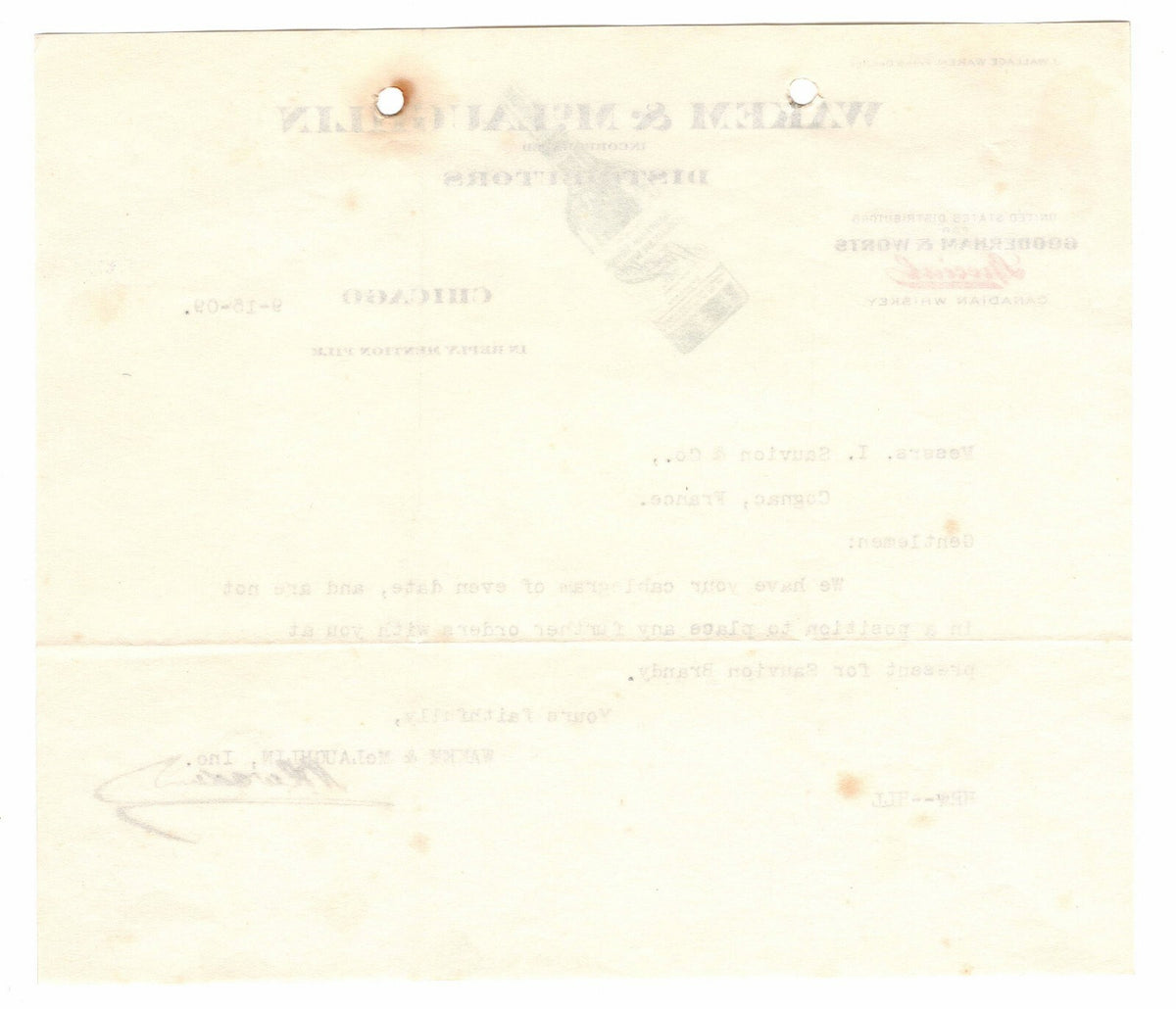 1909 Chicago Letterhead Billhead Wakem McLaughlin Distributors Canadian Whiskey
