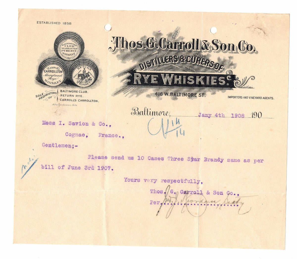 1908 Baltimore Letterhead Billhead Thos G Carroll & Son Co Rye Whiskies Whiskey