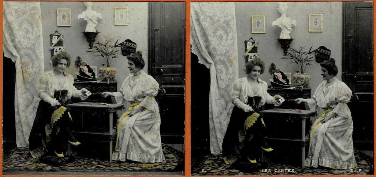 Antique French S.I.P. Stereoview Les Cartes Hand Tinted Color c1900 France Photo