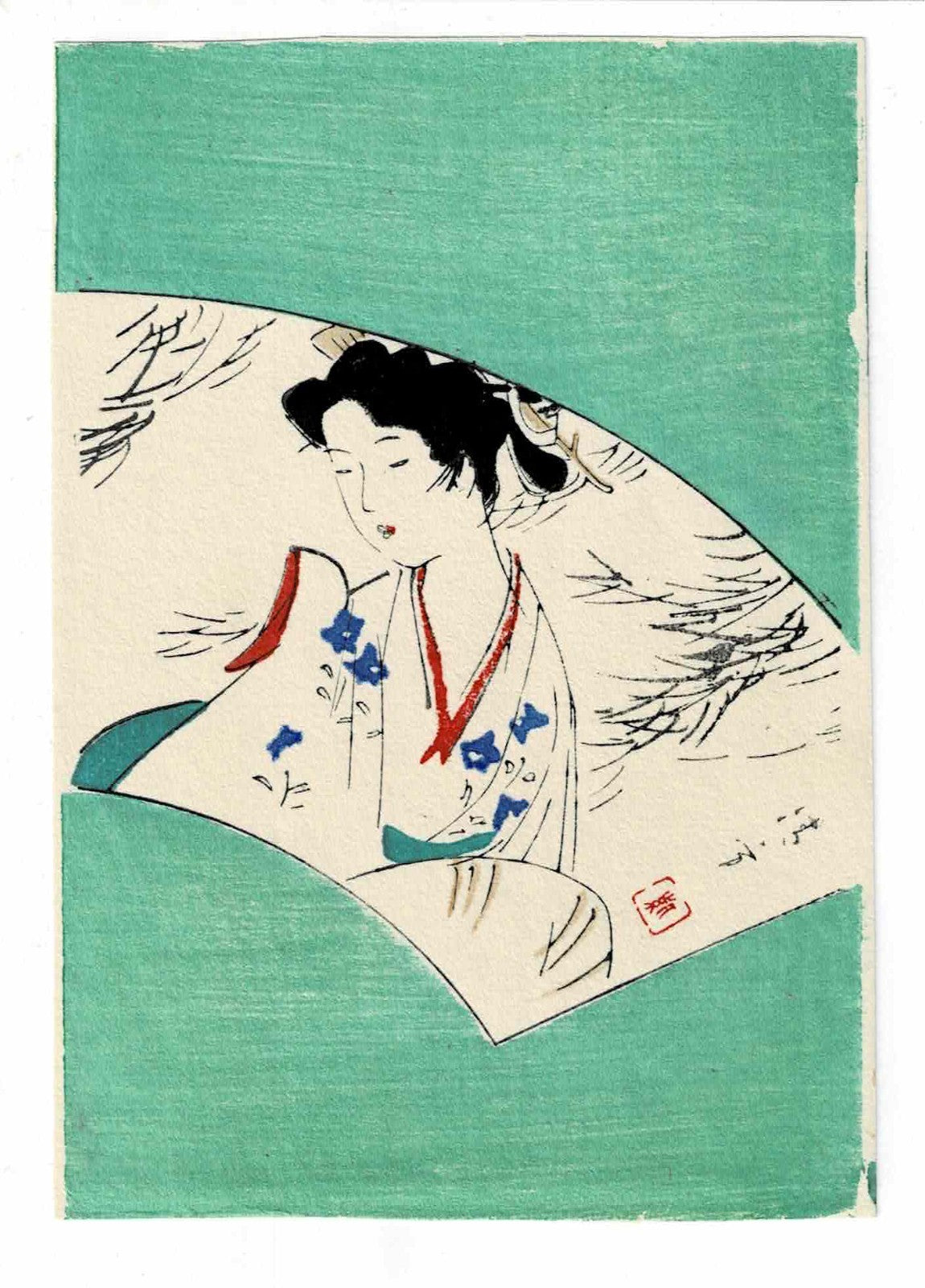Antique Japanese Color Woodblock Print Bijin-ga Woman Fan Taisho Showa Japan