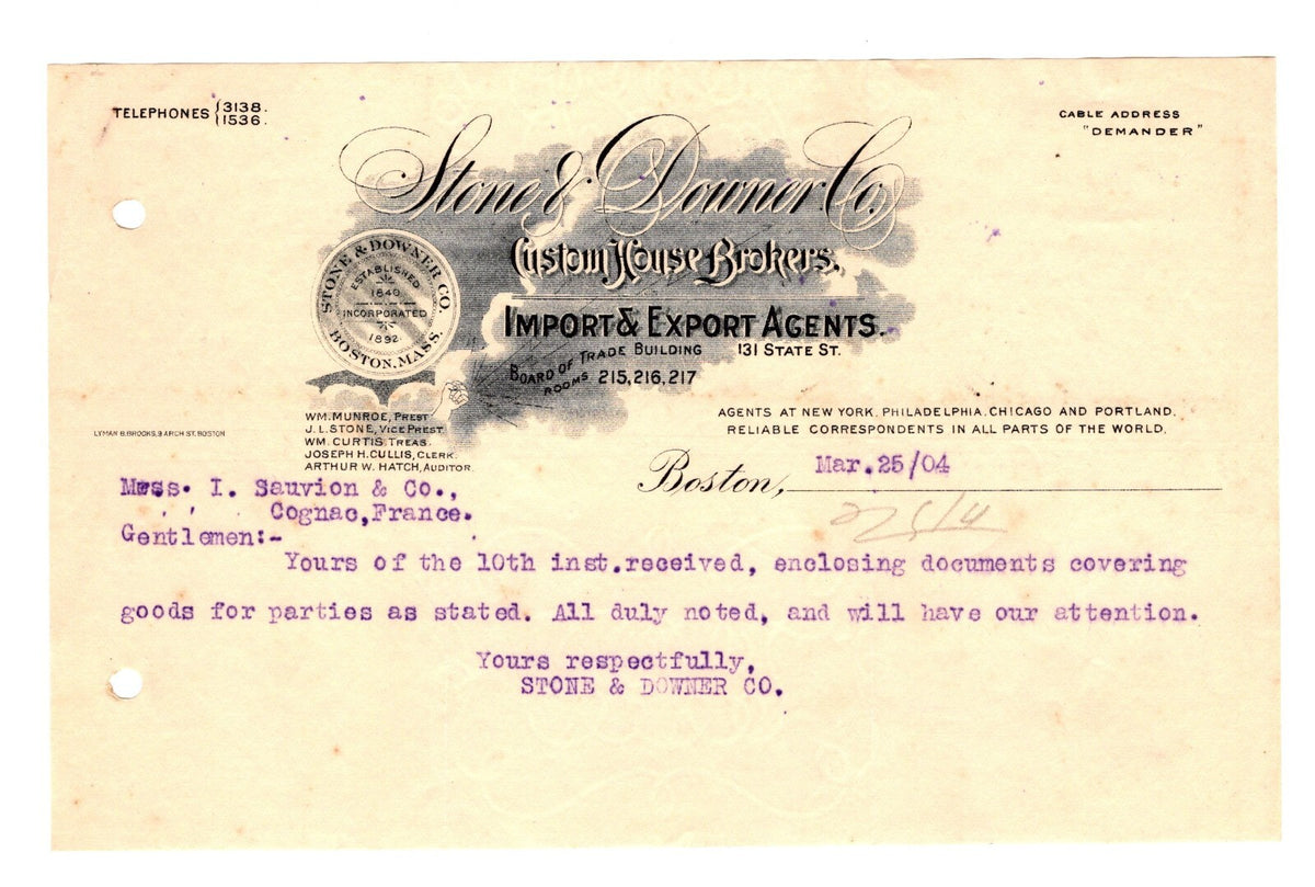 1904 Boston Letterhead Billhead Stone & Downer Co. Import Export Agents Company