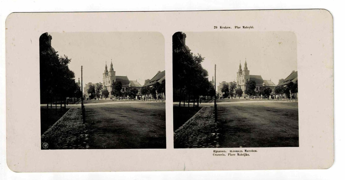 Antique Stereoview Photo 2pc Lot Poland Polska Krakow Cracow Planty Plac Matejki
