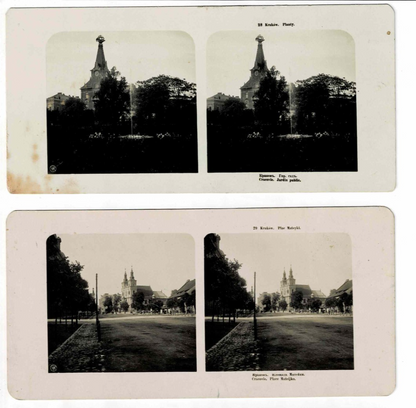Antique Stereoview Photo 2pc Lot Poland Polska Krakow Cracow Planty Plac Matejki