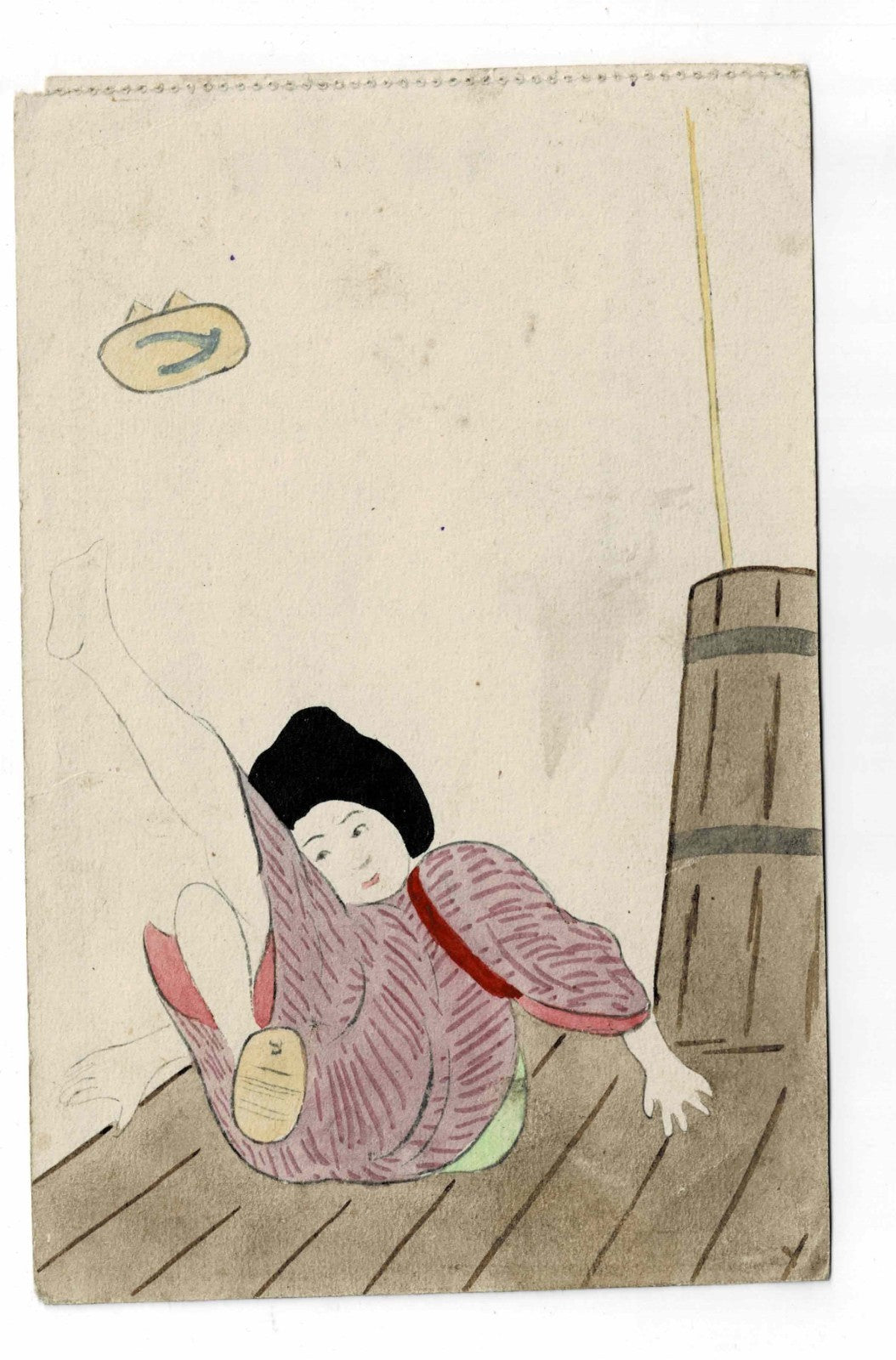 Antique Japanese Hand Painted Postcard Woman Slipping Flying Geta Prewar Japan