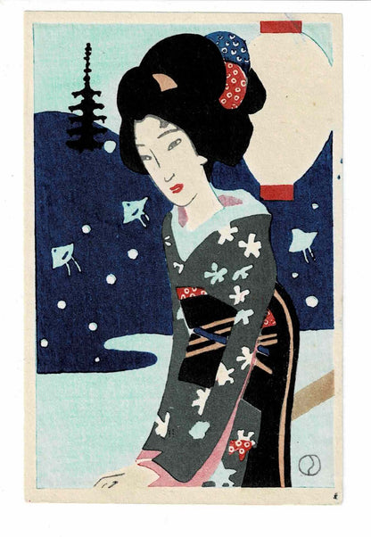 Takehisa Yumeji Five-Story Pagoda Original Woodblock Print Antique Japanese Rare