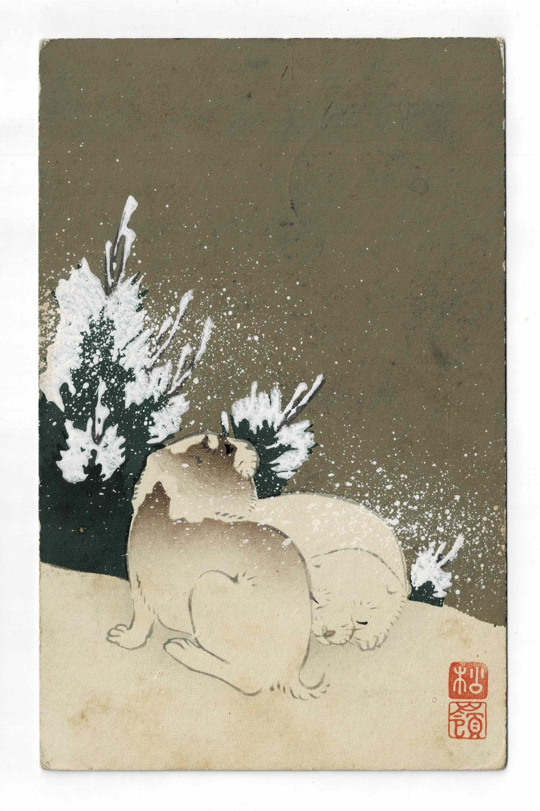 Antique Japanese Woodblock Postcard Two Dogs Snow Winter Meiji 1907 Japan Rare - image 1