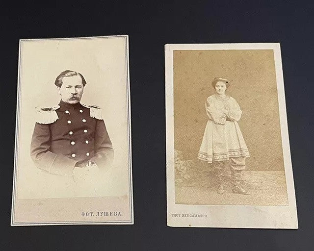 Antique Original RUSSIAN 2 pcs CDV Cabinet Photo Bergamasco Lushev Editor Russia